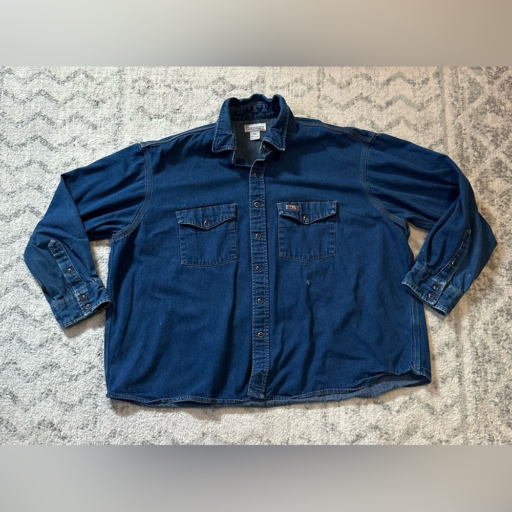 Carhartt Vintage Denim Med Wash Black Pearl Snap Shirt Mens Heavy Duty
